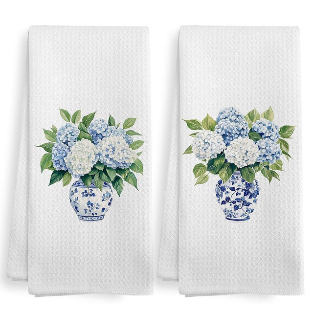 XNXLDYLH Vintage Chinoiserie Hydrangea Decor Kitchen Towels and Dishcloths Sets of 2, Blue and White Hydrangea Floral Grand Millenial Spring Decor Dish Hand Tea Towels for Bathroom Kitchen, 16x24 Inch