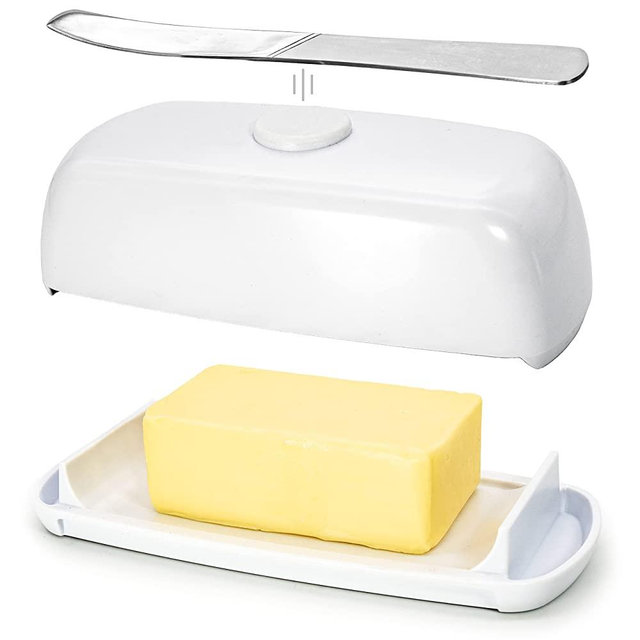 Butter Hub Extra Large Butter Dish with Lid and Knife, European Size Magnetic Butter Keeper, Easy Scoop, No Mess Lid, Plastic, Dishwasher Safe (White)