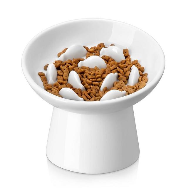 vancasso Ceramic Slow Feeder Cat Bowl, 6.25 Inch Elevated Cat Slow Feeder Bowl, Anti Vomiting for Dry and Wet Food, White