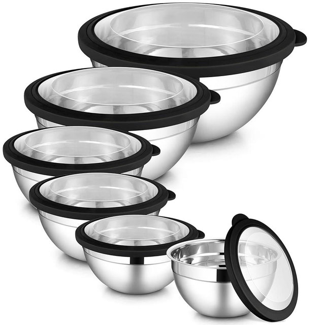 LIANYU Stainless Steel Mixing Bowls Sets of 6, Large 7, 3.5, 2.5, 2, 1.5, 1QT Size with Transparent Airtight Lids, Metal Nesting Serving Bowl Sets for Home Kitchen, Dishwasher & Freezer Safe, Black