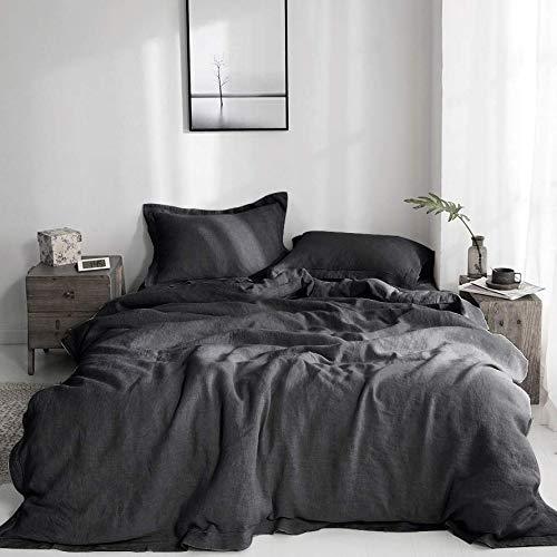 Simple&Opulence 100% Washed Linen Duvet Cover Set 3 Pieces Farmhouse Bedding Sets (1 Comforter Cover and 2 Pillowshams) with Hidden Button Closure(Charcoal Grey,King)