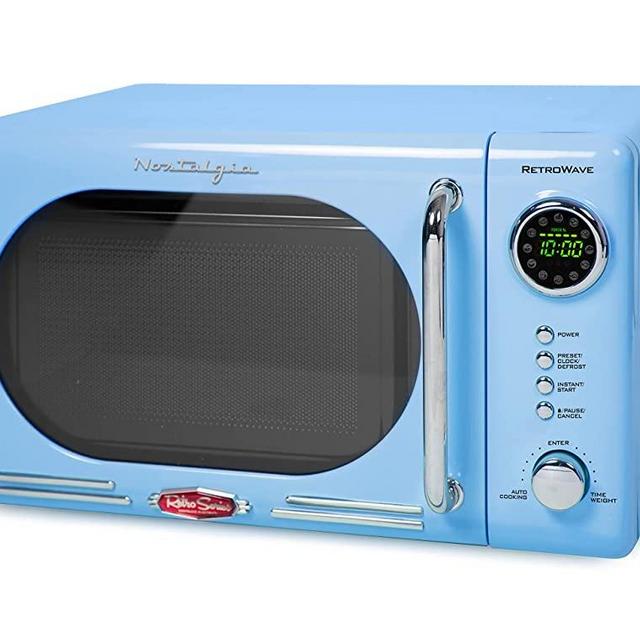 Nostalgia Retro Compact Countertop Microwave Oven 0.7 Cu. Ft. 700-Watts with LED Digital Display, Child Lock, Easy Clean Interior, Blue