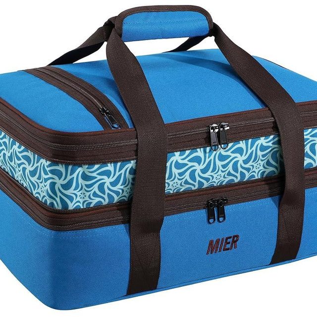 MIER Insulated Double Casserole Carrier Bag Thermal Lunch Tote for Lasagna Lugger, Potluck Parties, Picnic, Beach, Fits 9 x 13 Inches Baking Dish, Casserole Dish, Expandable by Mid Zipper, Blue