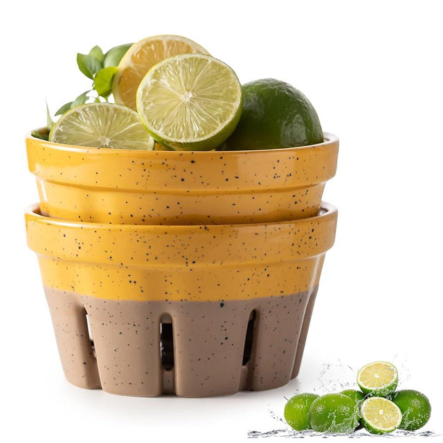 Gomakren Fruit Bowl with Holes, Ceramic Berry Basket Set of 2, 5.8 Inch Round Fruit Storage Containers, Strawberry Baskets, Farmhouse Kitchen Decor, Yellow + Brown