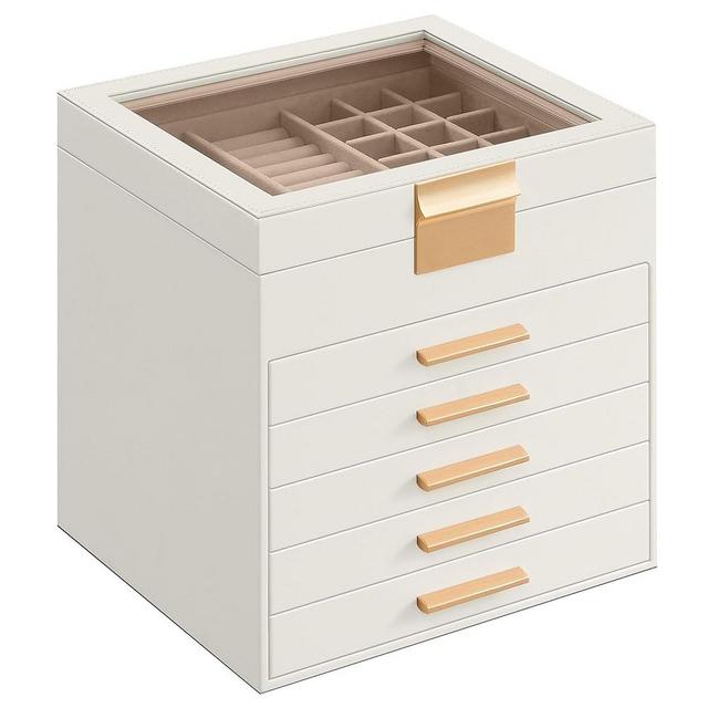SONGMICS Jewelry Box with Glass Lid, 6-Layer Jewelry Organizer, 5 Drawers, for Big and Small Jewelry, Jewelry Storage, Modern Style, 8 x 9.1 x 9 Inches, Cloud White and Gold Color UJBC176W01