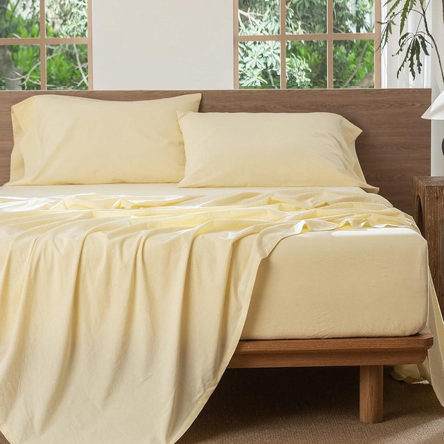 MooMee Bedding Sheet Set 100% Washed Cotton Linen Like Textured Breathable Durable Soft Comfy (Heathered Butter Yellow, King)