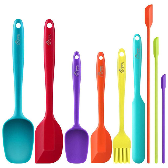 HOTEC Silicone Spatula Set Kitchen Utensils for Baking Cooking Mixing Heat Resistant Non Stick Cookware Food Grade BPA Free Dishwasher Safe (Multi-Color) Set of 9