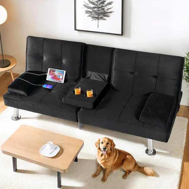 FLEXISPOT XCT3 Futon Sofa Bed with USB & Type-C Charging Port, Convertible Sleeper Couch with Adjustable Backrest, Folding Loveseat for Small Space, Living Room, Guest Room, Apartment (Velvet, Black)