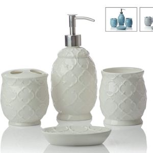 Comfify - Designer 4-Piece Ceramic Bath Accessory Set | Includes Liquid Soap or Lotion Dispenser w/Toothbrush Holder, Tumbler, Soap Dish | Moroccan Trellis | Contour White