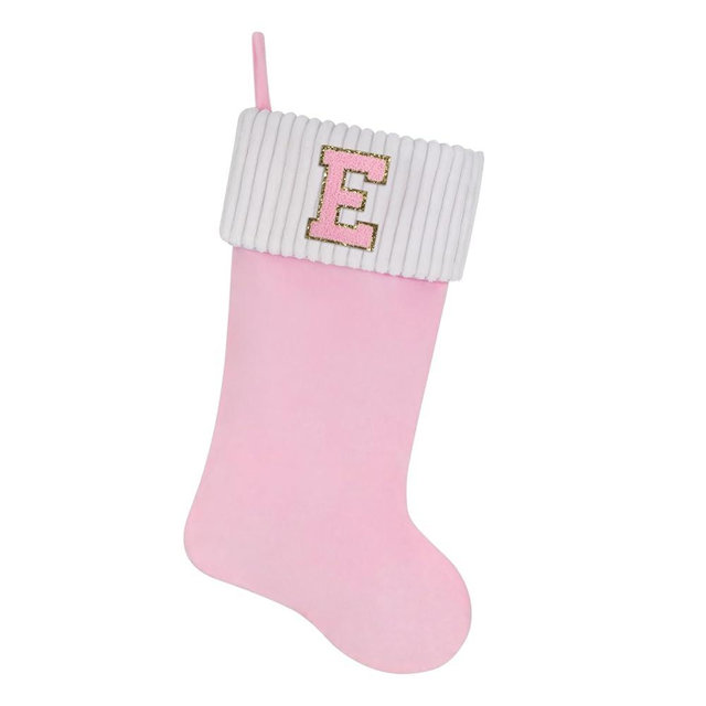 Shgngle 20 Inches Letter Embroidered Christmas Stocking,Personalized Pink Velvet Christmas Stocking,Family Holiday Decorations and Xmas Gift(E)