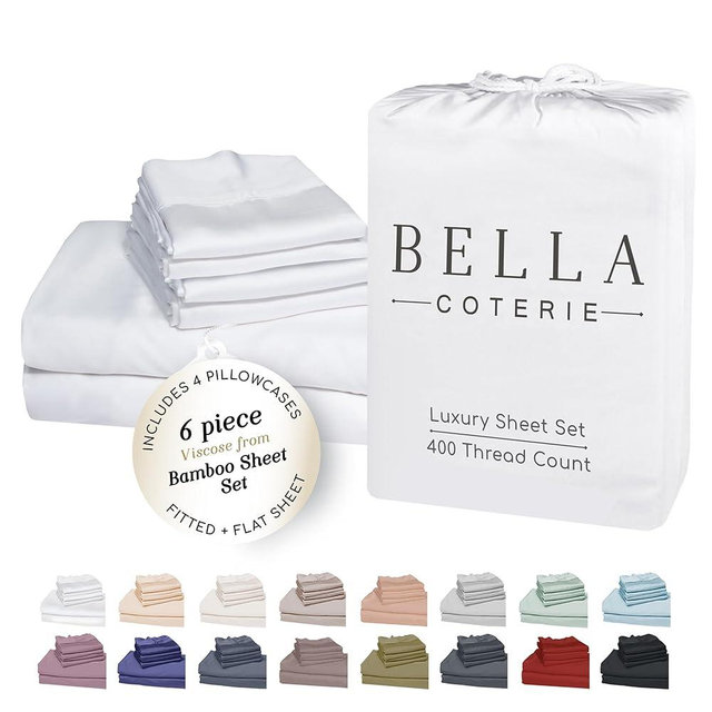 Bella Coterie 6 Piece Luxury Bamboo Viscose King Size Sheet Set | 100% Organically Grown | Cooling for Hot Sleepers | 18" Deep Pocket | Soft & Hypoallergenic | 4 Pillowcases [White]