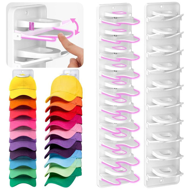 Spring Clip Hat Organizer for Baseball Caps – 2 Pack, Wall Hat Rack for Door & Closet – Keeps 20 Hats Tidy in Garage, Dorm, Man Cave – Multi-Layer Cap Storage (White)