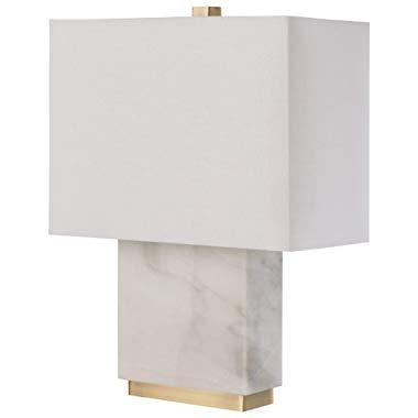 Rivet Mid-Century Modern Rectangle Living Room Table Lamp with LED Light Bulb, 17"H, White Marble and Brass
