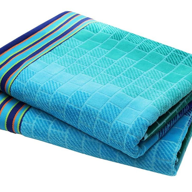 COTTON CRAFT Oversized Beach Towel - 2 Pack Big & Huge Towel Set - 100% Cotton - Pool Picnic Bath Towel - Plush Terry Jacquard Velour 450 GSM Thick Super Soft Absorbent Luxury - 35 x 70 - Blue Tiles