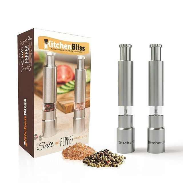 KitchenBliss Modern Thumb Click Salt and Pepper Grinder with Refillable Peppermill - Perfect for Himalayan Salts, Black Pepper, Sea Salt, Peppercorns, Spices Push Button for 1 hand operation (set)