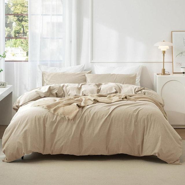 JIYUAN 100% Washed Cotton Duvet Cover Set Comfy Simple Style Soft Breathable Textured Durable Linen Feel Bedding for All Seasons Cal King, Tan