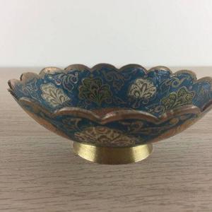 Vintage/Antique Hand Painted Enameled Brass Peacock Bowl from India, collectable, 1950s, decoration, living room, office, candy dish