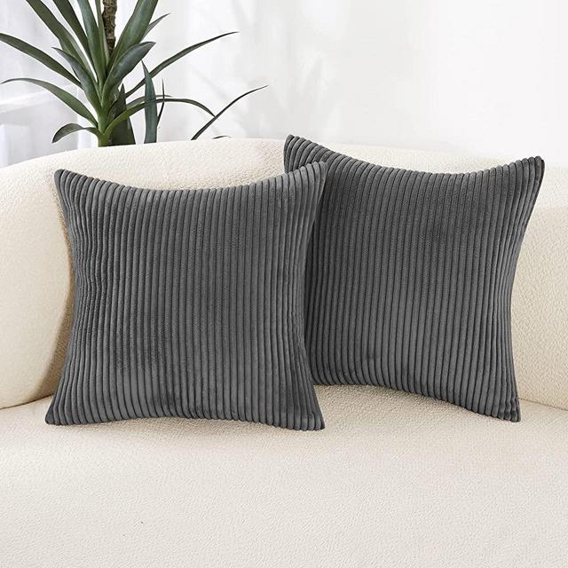 Deconovo Pack of 2, Dark Gray Corduroy Throw Pillow Cover with Stripe Pattern, 18x18 Inch, Cushion Covers for Couch Sofa Bedroom Living Room, Pack of 2
