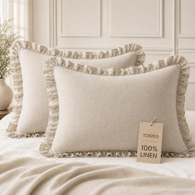 TOSMO 100% Linen Ruffle Pillowcase Standard Size, Set of 2, Stone-Washed Breathable Pillow Shams Envelope Closure, Soft and Durable Pillow Cases, 20" X 26", Natural Linen
