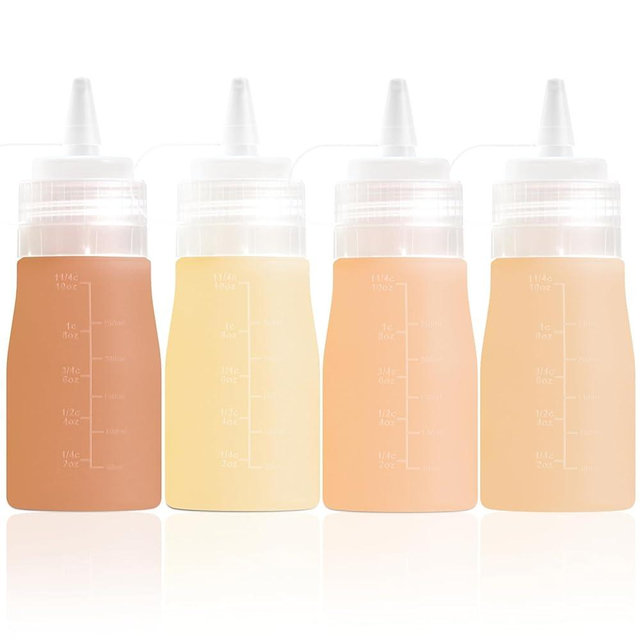 Mrsdry Condiment Squeeze Bottles, 12 oz Silicone Squeeze Bottles For Sauces, Leak Proof Condiment Containers with Extra Interchangeable lid, Easy Squeeze for Oil, Honey & Dressings, BPA FREE (4 Pack)