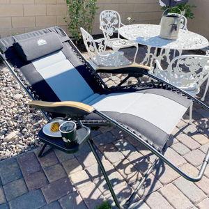 Coastrail Outdoor Zero Gravity Chair with Premium Wood-Like Armrests & Side Table with Cup Holder, Black/Gray