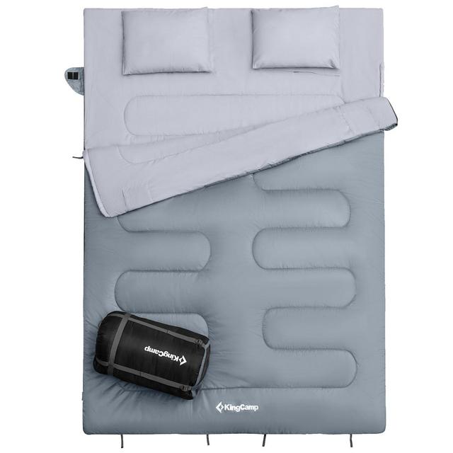 KingCamp 87 x 59 Inch 2 Person 20 Degree Lightweight Waterproof Couple Family Sleeping Bag with 2 Pillows for Camping, Hiking, & Backpacking, Grey