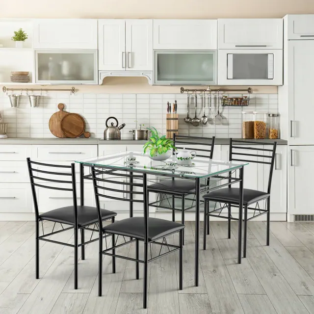 Costway 5 Piece Dining Set Glass Top Table & 4 Upholstered Chairs Kitchen Room Furniture