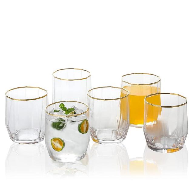 1500° C TABLETOP Gold Rim Drinking Glasses set of 6, 14.0 oz Crystal Clear Cute Water Glasses for Mojito, Cocktail, Whiskey, Soda and Mixed Drinks, Gifts for Women, Daily Use.