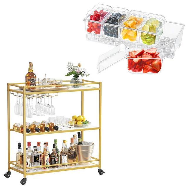 Lifewit Ice Chilled Condiment Caddy with 5 Containers(2.5 Cup), Condiment Server Bar Cart Gold, 3 Tier Wine Rolling Cart with Lockable Wheels, 12 Glass Holders