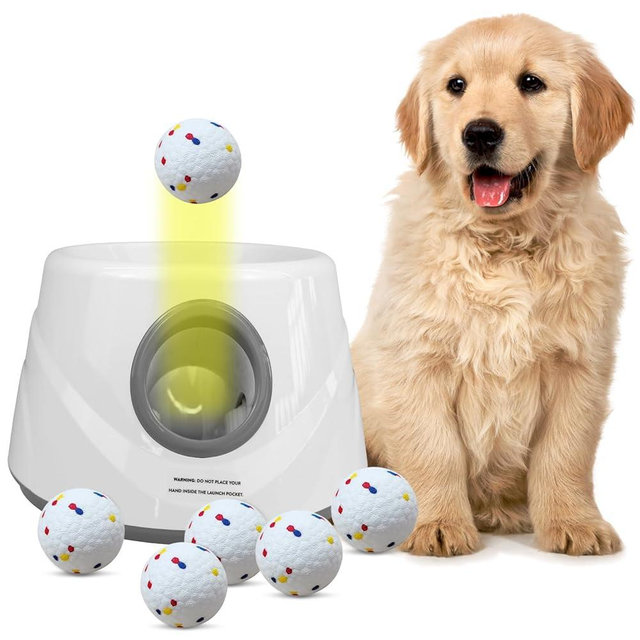 ZAPELL Automatic Ball Launcher for Dogs with 6 ETPU Balls, White, Adjustable Distance 20-45ft, USB Rechargeable, Interactive Dog Toy (Gary)