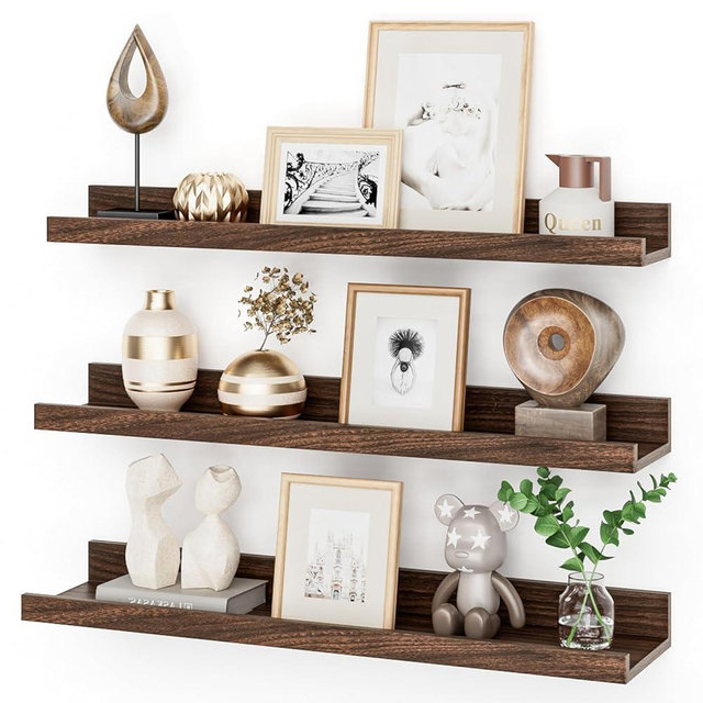 Heimlove 24 Inch Picture Ledge Shelf with Lip,Floating Shelves for Wall Set of 3,Wall Shelves in Varying Depths for Living Room,Bedroom,Nursery,Bookshelf - Walnut