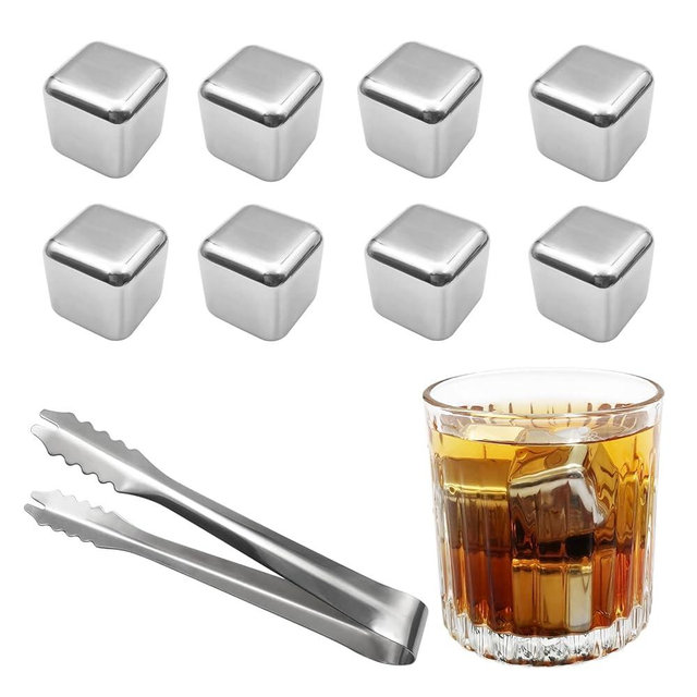 Zalaxt 8 pcs Stainless Steel Ice Cubes for Drinks, Reusable Stainless Wine Ice Tong for Whiskey, Vodka, Soda, Wine, Beverage Juice Father's Gifts