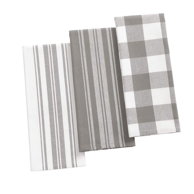 Stripe and Check Kitchen Towels, Set of 3 - Gray & White