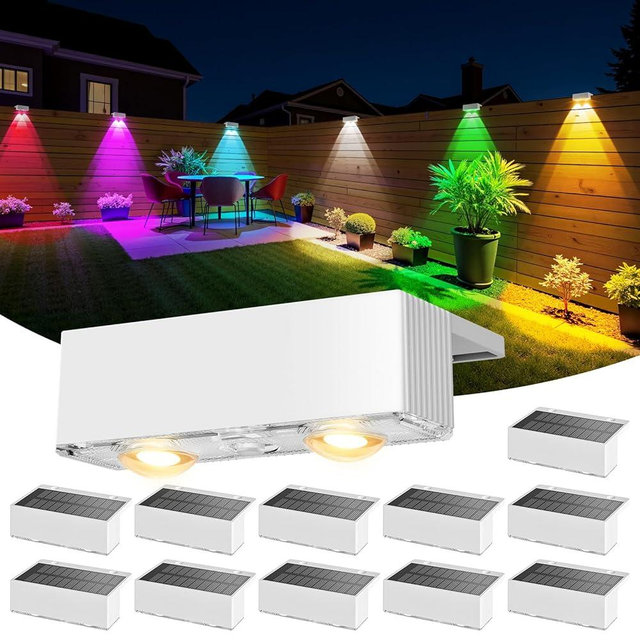 NIORSUN Solar Fence Lights,12 Pack Deck Light,Led Outdoor Lamp 3000K/6000K + RGB Wall Lights,IP45 Waterproof Solar Powered Light for Backyard/Pool/Railing/Patio/Porch/Step (White)