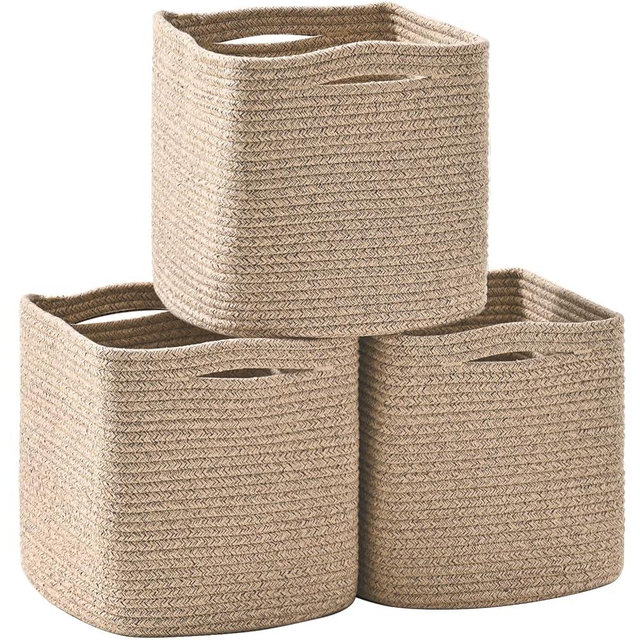 ICERZCZ 13 Inch Cube Closet Storage Bins, Woven Cotton Rope Organizer Baskets for Organizing & Shelves, Books, Towels, Clothes, Toys, 13x13x13 in, Brown (Pack of 3)