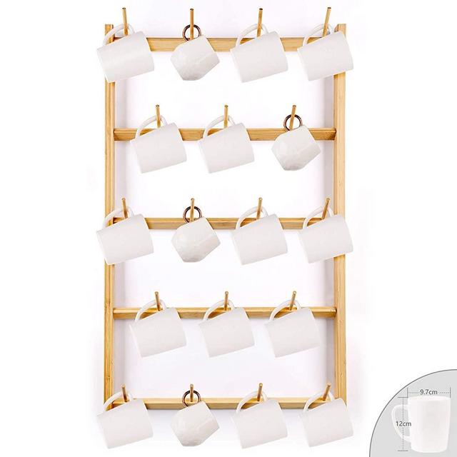 HOMEKOKO Large Bamboo Mug Rack Wall Mounted Coffee Cup Holder Storage Display Organizer with 18 Hooks
