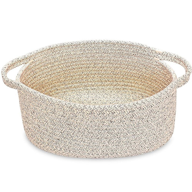 ABenkle Small Woven Basket 12"x 8"x 5" - Rope Room Shelf Storage, Cat Dog Toys Chest Box, Decorative Empty Gift With Handles - All Mixed Brown