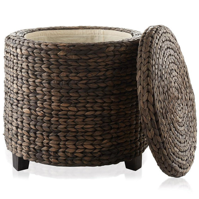Casafield 17" Round Storage Ottoman with Lid - Espresso, Handwoven Water Hyacinth Footstool for Living Room, Bedroom, Bathroom, Home Office