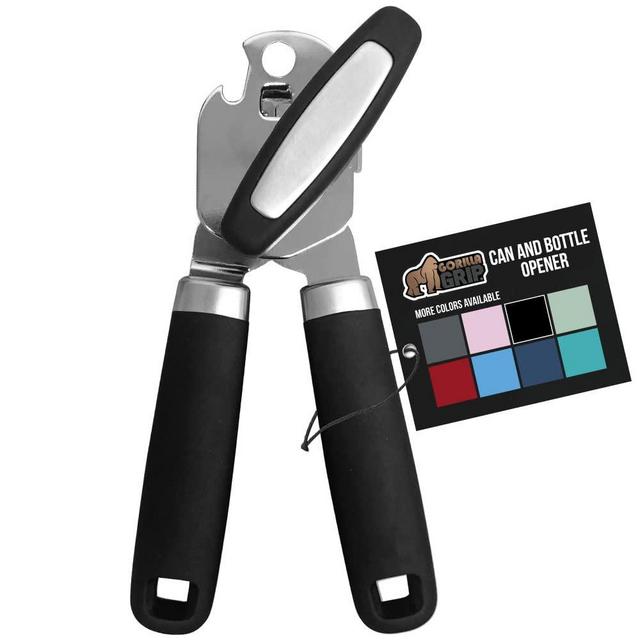 Gorilla Grip Manual Handheld Strong Can Opener, Sharp Cutting Wheel for Smooth Edge Cut, Comfortable Soft Handle, Oversized Easy to Use Turn Knob, Includes Built in Bottle Opener, Black