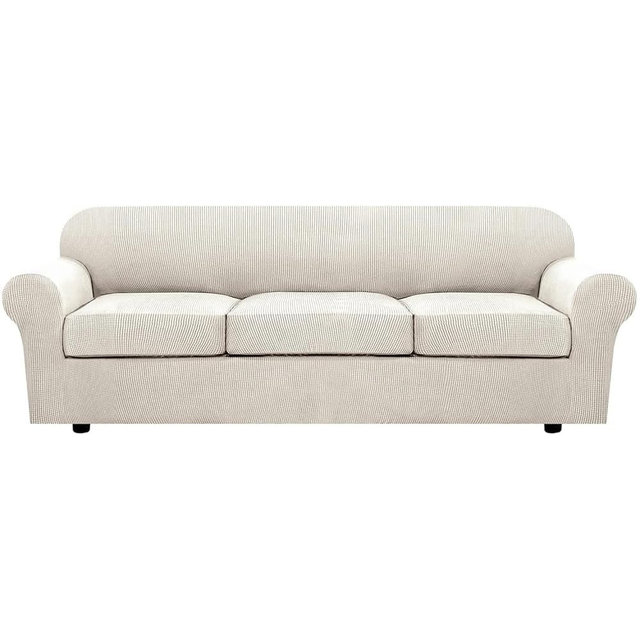 H.VERSAILTEX 4 Piece Stretch Sofa Covers for 3 Cushion Couch Covers for Living Room Furniture Slipcovers (Base Cover Plus 3 Seat Cushion Covers) Thicker Jacquard Fabric (Large Sofa, Ivory)