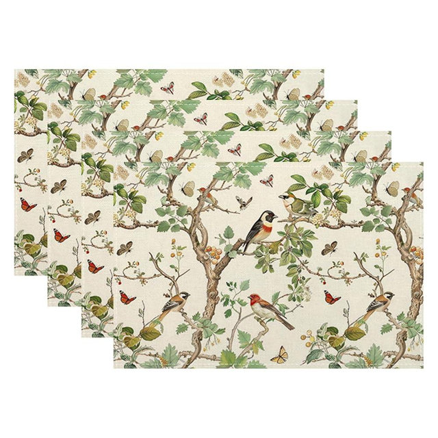Green Floral Bird Placemats Set of 4 Vintage Flower Decor Place Mats 12x18 Inch Nature Spring Summer Seasonal Decorative Linen Table Mats for Home Kitchen Dining Party Table Decoration