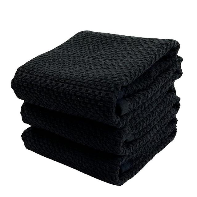 Black Textured Kitchen Hand Dish Towels 100% Cotton Cloth Soft Cleaning Drying Absorbent Terry Loop: Set of 3 Multipurpose for Everyday Use