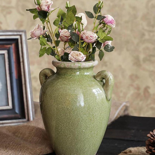 8 Inch Vintage Ceramic Vase, Rustic Flower Vase Farmhouse Decorative Vase for Home Decor, Ice Cracked Glazed Terracotta Vase for Table Centerpiece Living Room Shelf Chinoiserie Decor