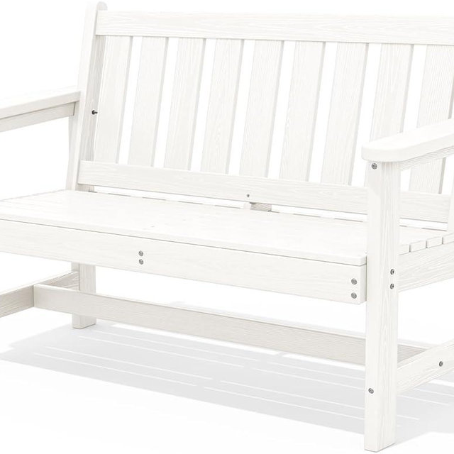 SERWALL Outdoor Bench, HDPE Outdoor Benches Weatherproof, 2-Person Garden Bench with 660 lbs Weight Capacity, Patio Benches for Outdoors, Garden, Porch, Backyard and Park, White