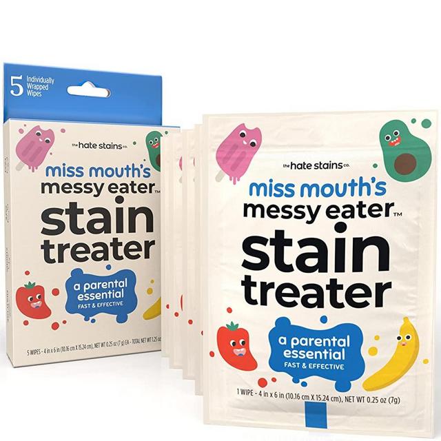 Miss Mouth's HATE STAINS CO Stain Remover for Clothes - 5 Wipes - Newborn & Baby Essentials Messy Eater Stain Treater Spray - No Dry Cleaning Food, Grease, Coffee Off Laundry, Underwear, Fabric