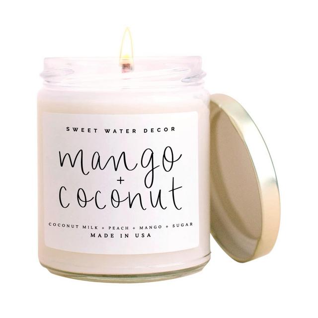 Sweet Water Decor Mango + Coconut Candle | Pineapple, Mango, Coconut Milk, Orange and Peach Tropical Summer Scented Soy Candles for Home | 9oz Clear Jar, 40 Hour Burn Time, Made in the USA