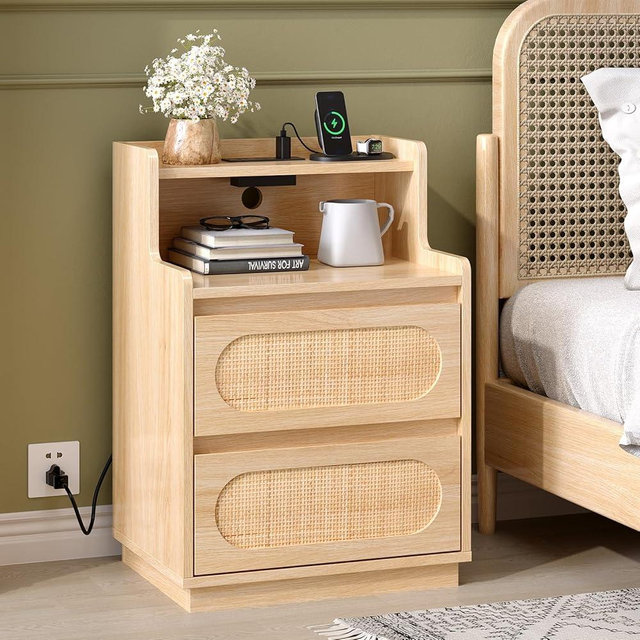 VINGLI Rattan Nightstand with Charging Station, Boho Nightstand with Drawers and Shelves, Wood Night Stand Bedroom, Real Rattan Bed Side Table/End Table，17.72" W*13.86" D*25.6" H
