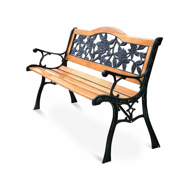 Patio Park Garden Metal Bench Porch Path Chair Furniture Cast Iron Hardwood
