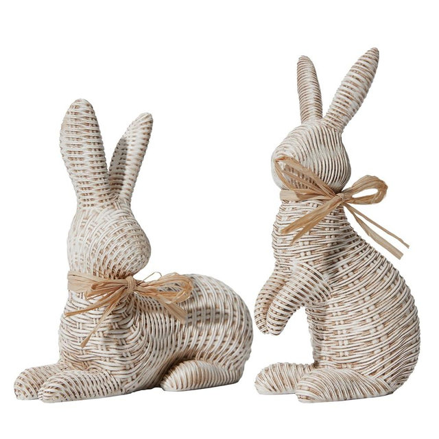 DN DECONATION Easter Decorations Bunny Figurines Set, Rattan Effect Resin Beige Bunnies Standing & Lying with Bow, Farmhouse Spring Tabletop Decor for Mantel Shelf Office Home Gift
