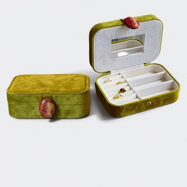 GREEN Velvet Pebble Jewelry Accessories Box, Vintage Jewellery Case Storage Organiser